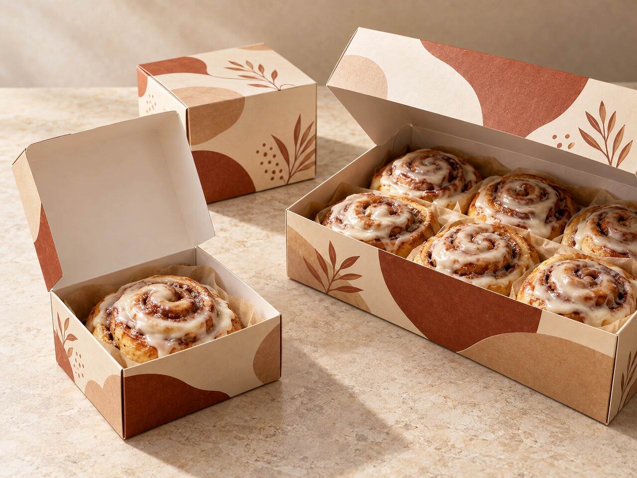 Custom printed cinnamon roll packaging boxes for single rolls and bakery multipacks