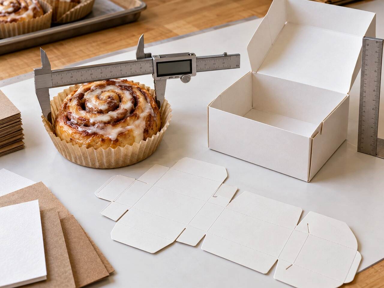 Measuring a finished cinnamon roll and testing a plain folding carton sample