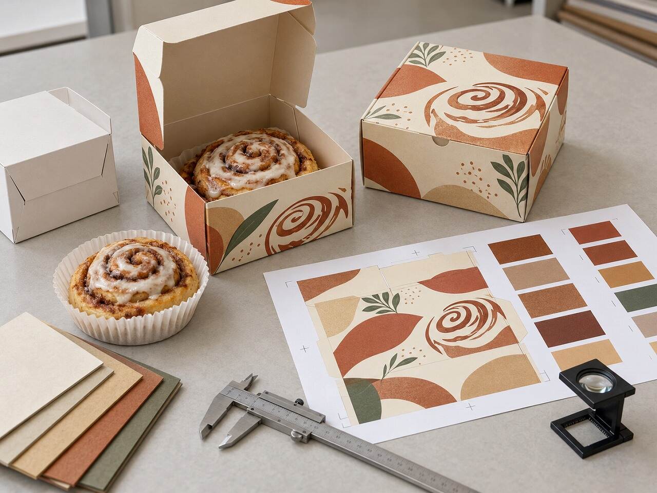 Printed cinnamon roll packaging samples with color proof, caliper and paperboard swatches