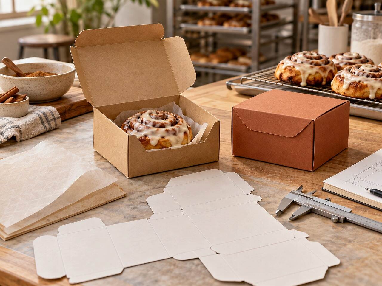 Cinnamon roll packaging development table with carton prototype, dieline, liner and caliper