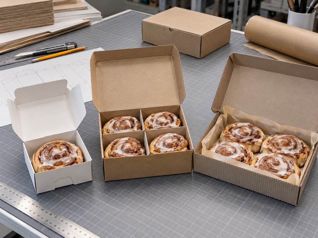 Physical single-roll, multipack and corrugated cinnamon roll packaging prototypes on a structural design bench Physical single-roll, multipack and corrugated cinnamon roll packaging prototypes on a structural design bench