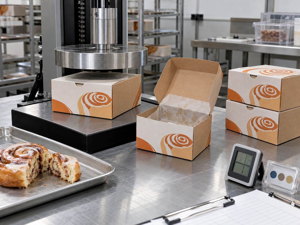 Cinnamon roll cartons undergoing compression, liner and holding-condition validation on a quality-control bench Cinnamon roll cartons undergoing compression, liner and holding-condition validation on a quality-control bench