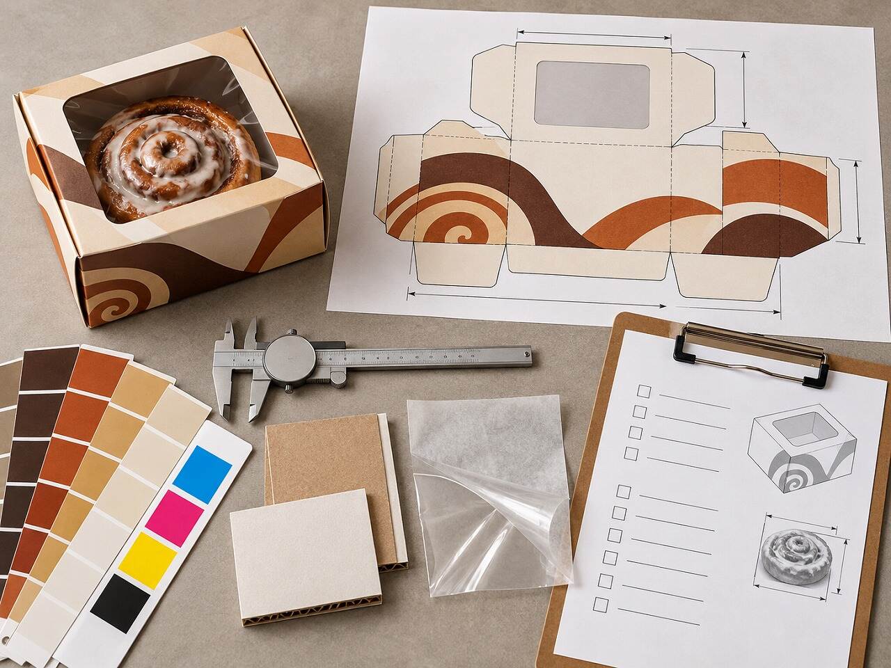 Procurement-ready cinnamon roll packaging specification with dieline, caliper, material swatches and approval checklist Procurement-ready cinnamon roll packaging specification with dieline, caliper, material swatches and approval checklist
