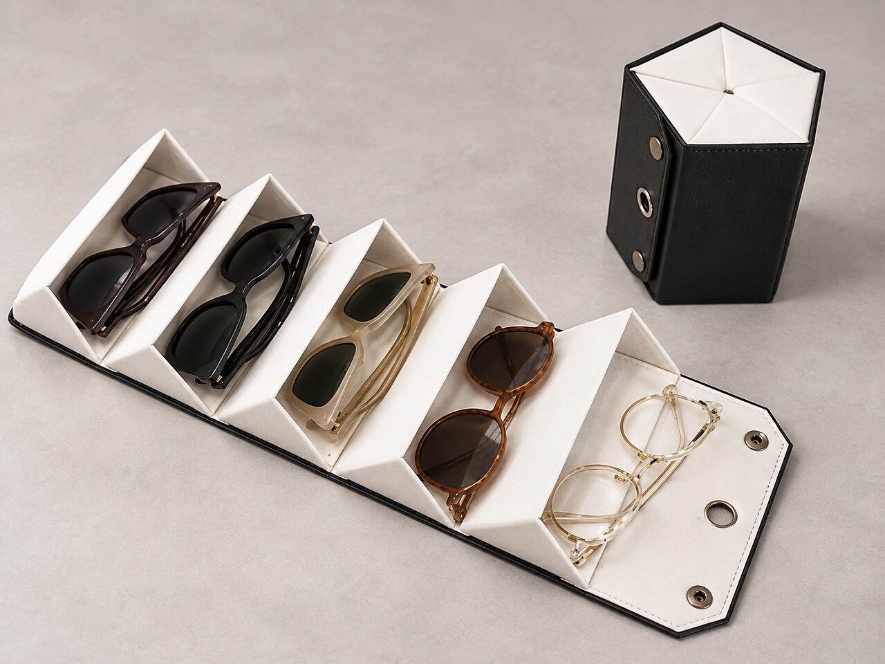 Custom five-pair PU leather sunglasses organizer shown open with five eyewear compartments and folded storage form Custom five-pair PU leather sunglasses organizer shown open with five eyewear compartments and folded storage form