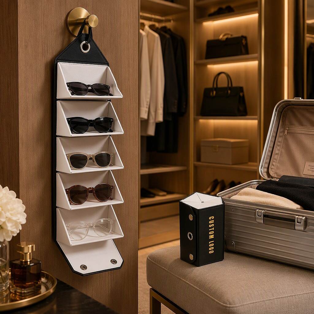 Five-pair PU sunglasses organizer displayed open and folded for travel and storage Five-pair PU sunglasses organizer displayed open and folded for travel and storage