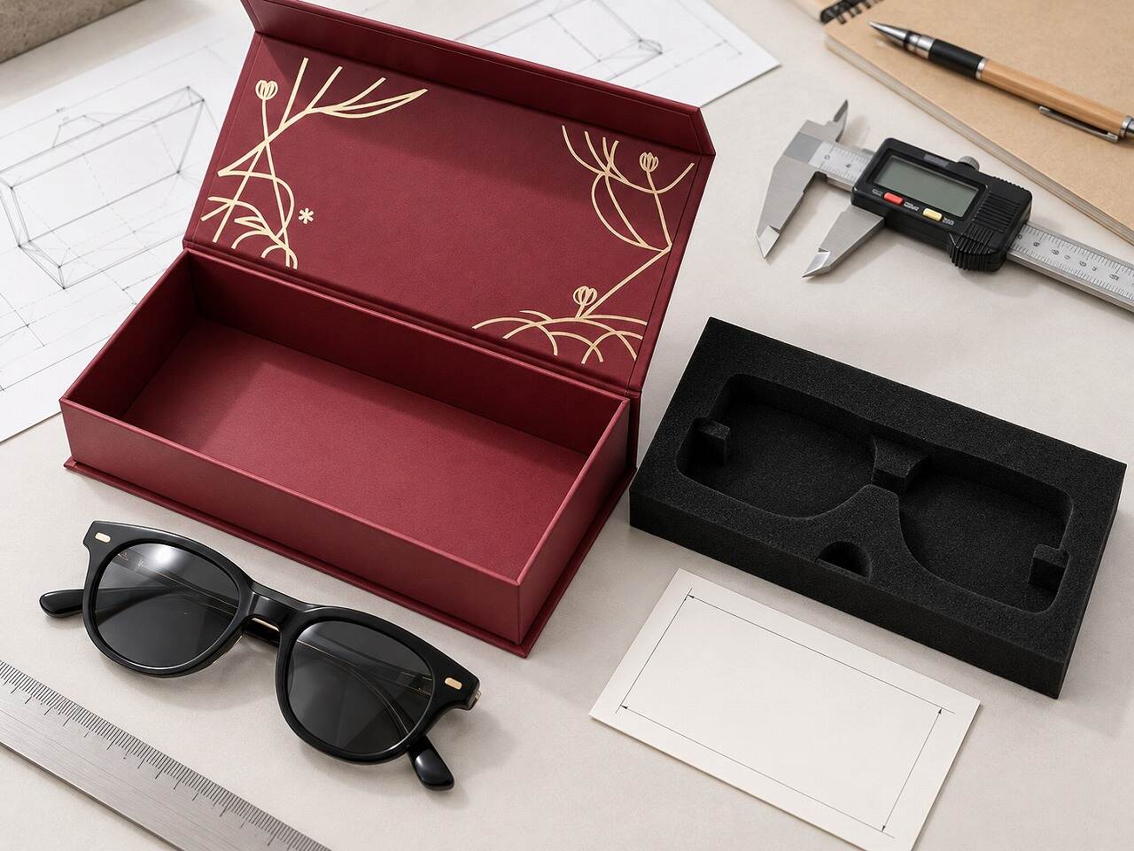 Custom eyeglasses box with removable fitted black insert, folded glasses and caliper for fit development Custom eyeglasses box with removable fitted black insert, folded glasses and caliper for fit development