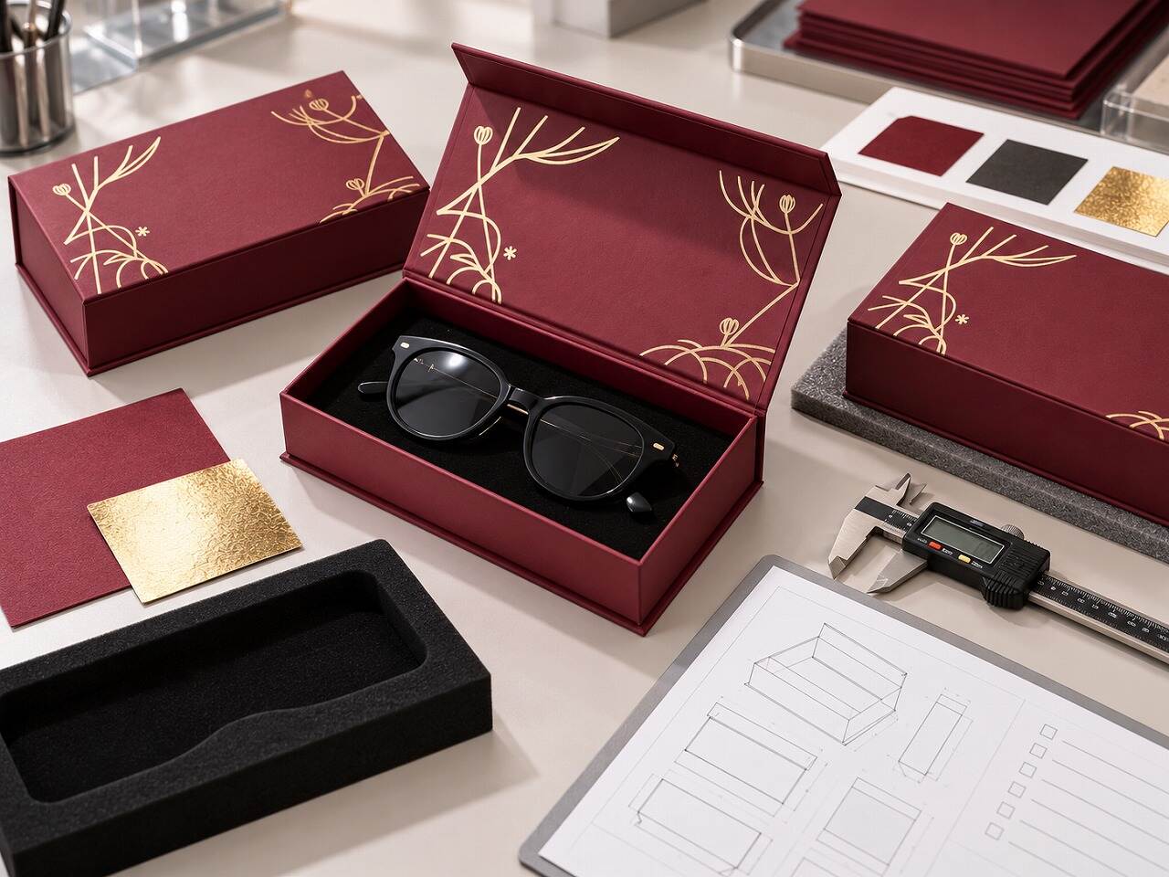 Sampling and quality-control setup for burgundy rigid eyeglasses presentation boxes with foil, paper and insert samples Sampling and quality-control setup for burgundy rigid eyeglasses presentation boxes with foil, paper and insert samples