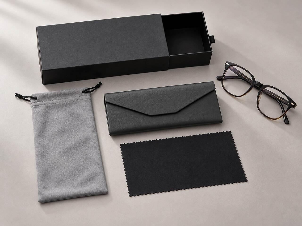 Custom eyewear packaging set with black rigid drawer box, PU leather glasses case, gray pouch and microfiber cleaning cloth