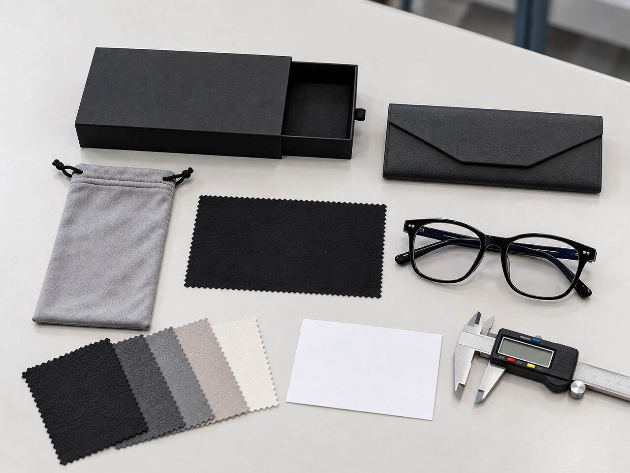 Fit development for custom eyewear packaging with drawer box, PU case, pouch, cloth, glasses and caliper