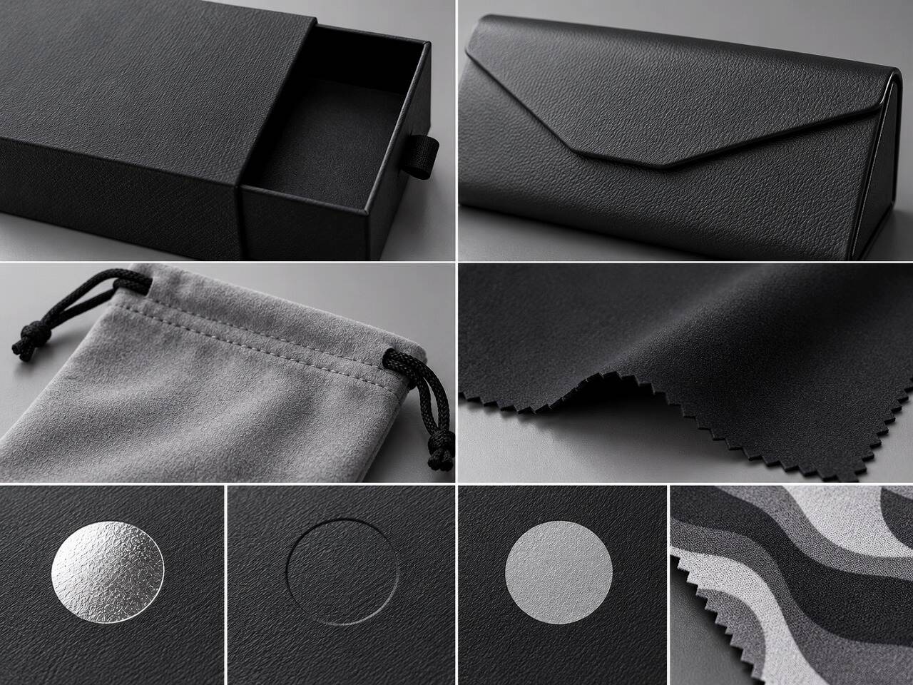 Materials and branding details for rigid eyewear box, PU case, microfiber pouch and lens cloth