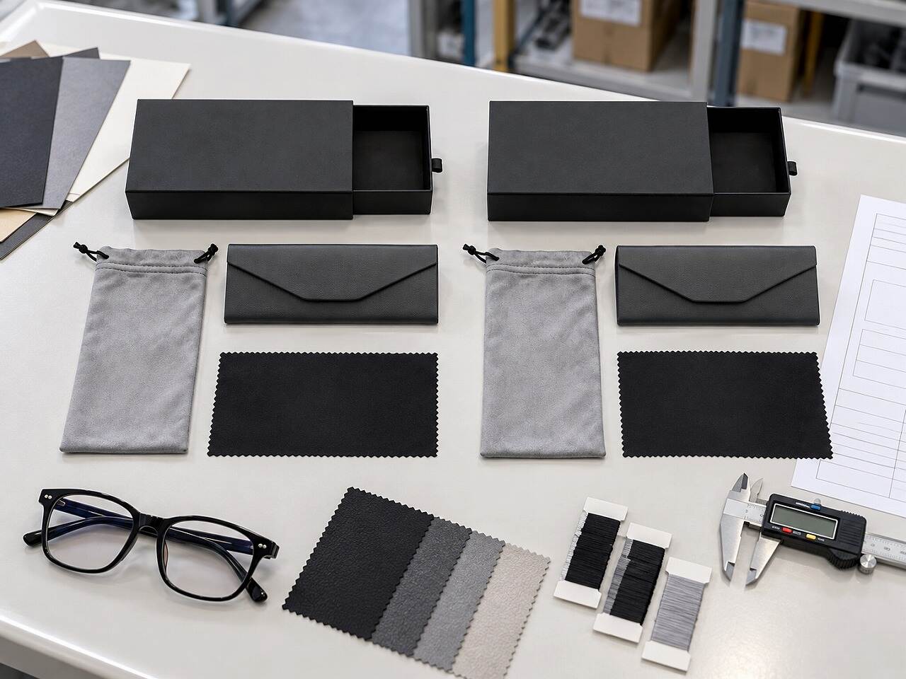 Sampling and quality control for two custom eyewear packaging sets with material swatches and caliper