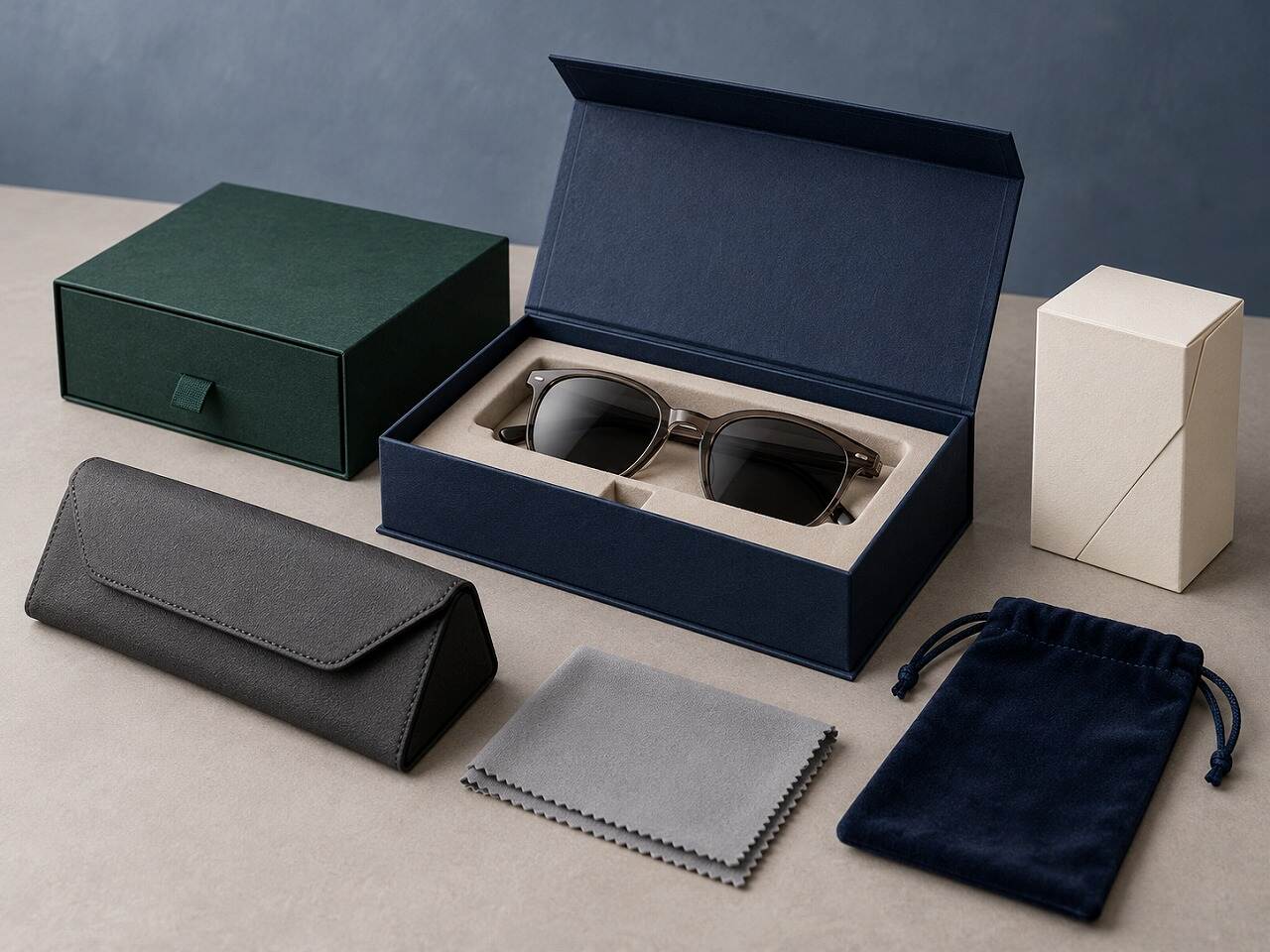 Custom eyewear packaging collection with rigid paper boxes, PU glasses case, cleaning cloth and velvet pouch