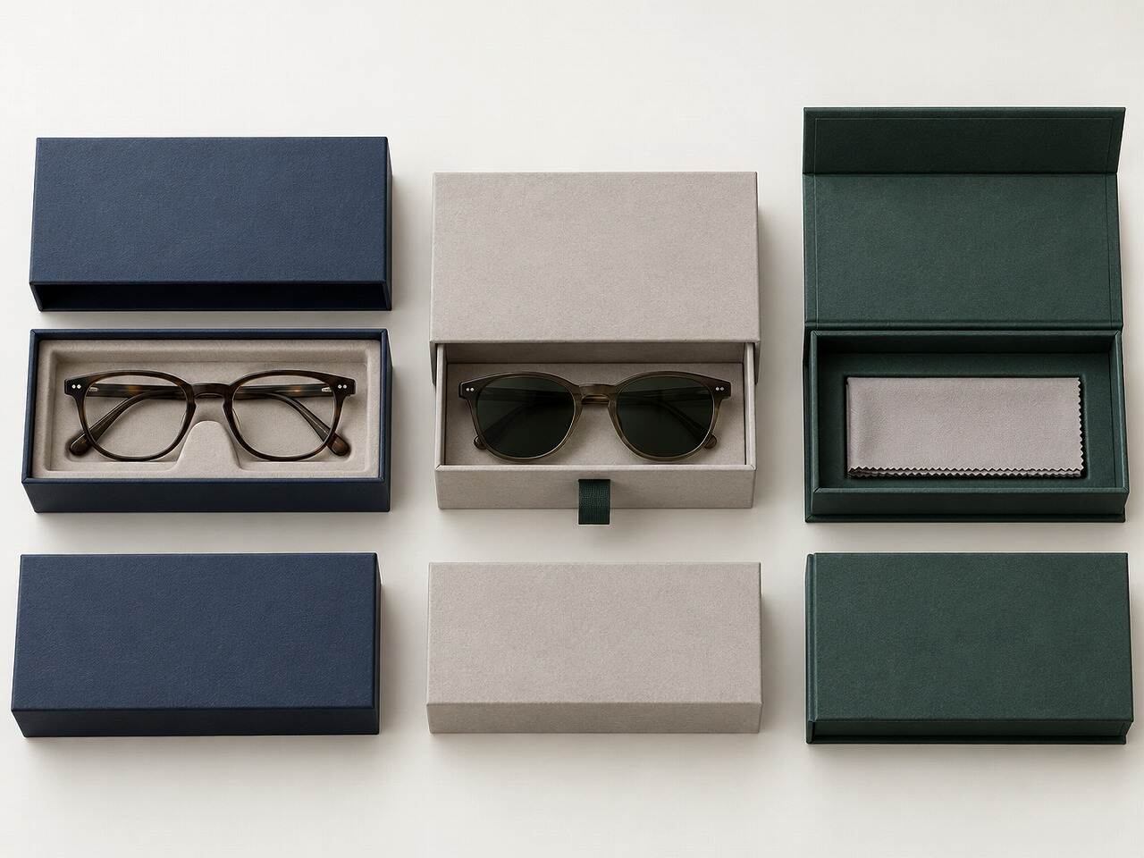 Comparison of lid-and-base, drawer and book-style custom eyewear packaging boxes