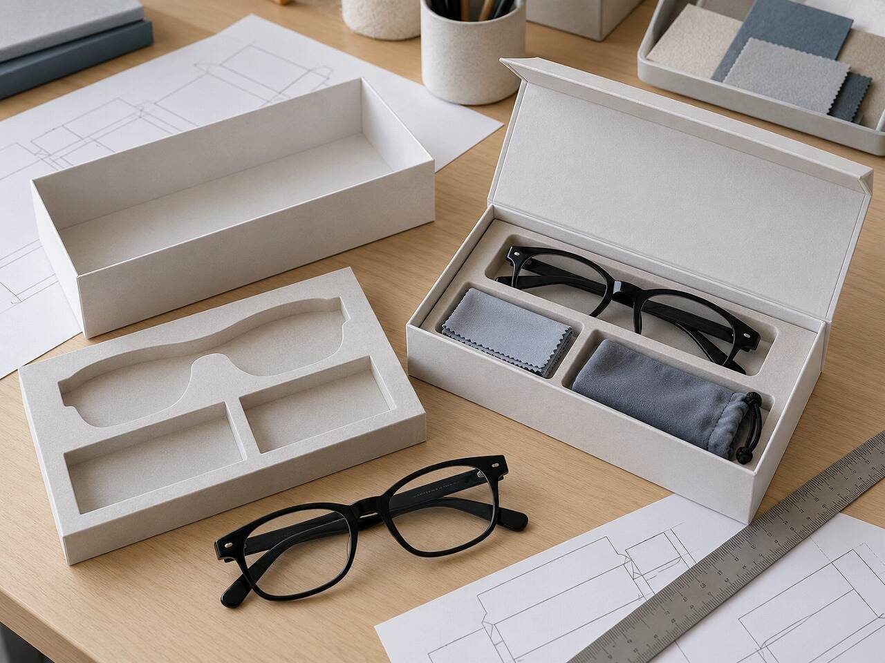 Fit-sample development for a custom eyewear packaging box with frame, insert, cloth and pouch