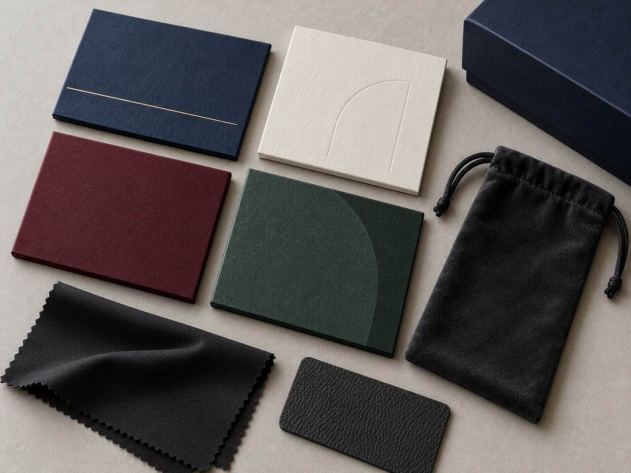 Paper materials, foil, embossing, microfiber cloth, velvet pouch and PU swatch for custom eyewear packaging