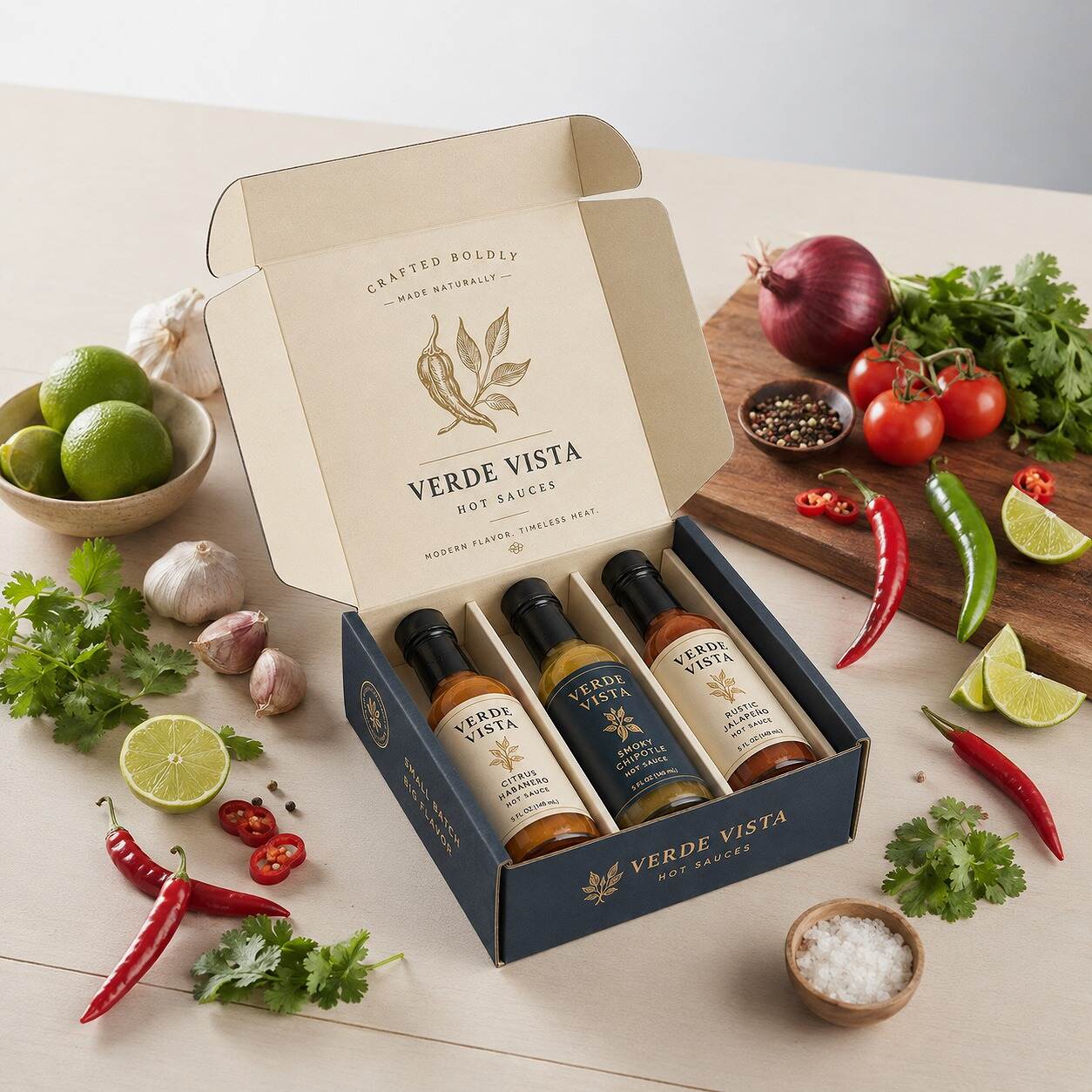 Custom hot sauce packaging box for three bottles with printed corrugated walls and paperboard dividers