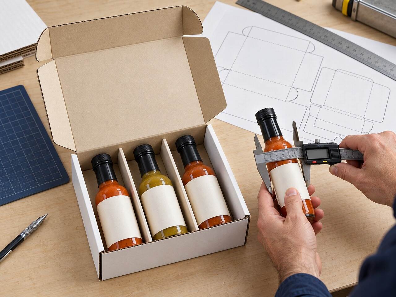 Measuring a hot sauce bottle and checking a plain three-bottle corrugated packaging prototype