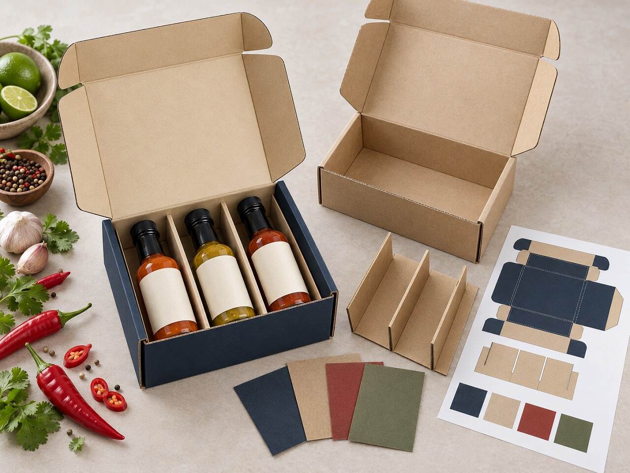 Printed and kraft corrugated hot sauce gift boxes with divider sample and color swatches