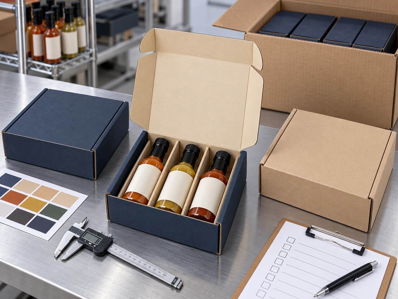 Quality inspection and master-carton pack-out for a three-bottle corrugated hot sauce set