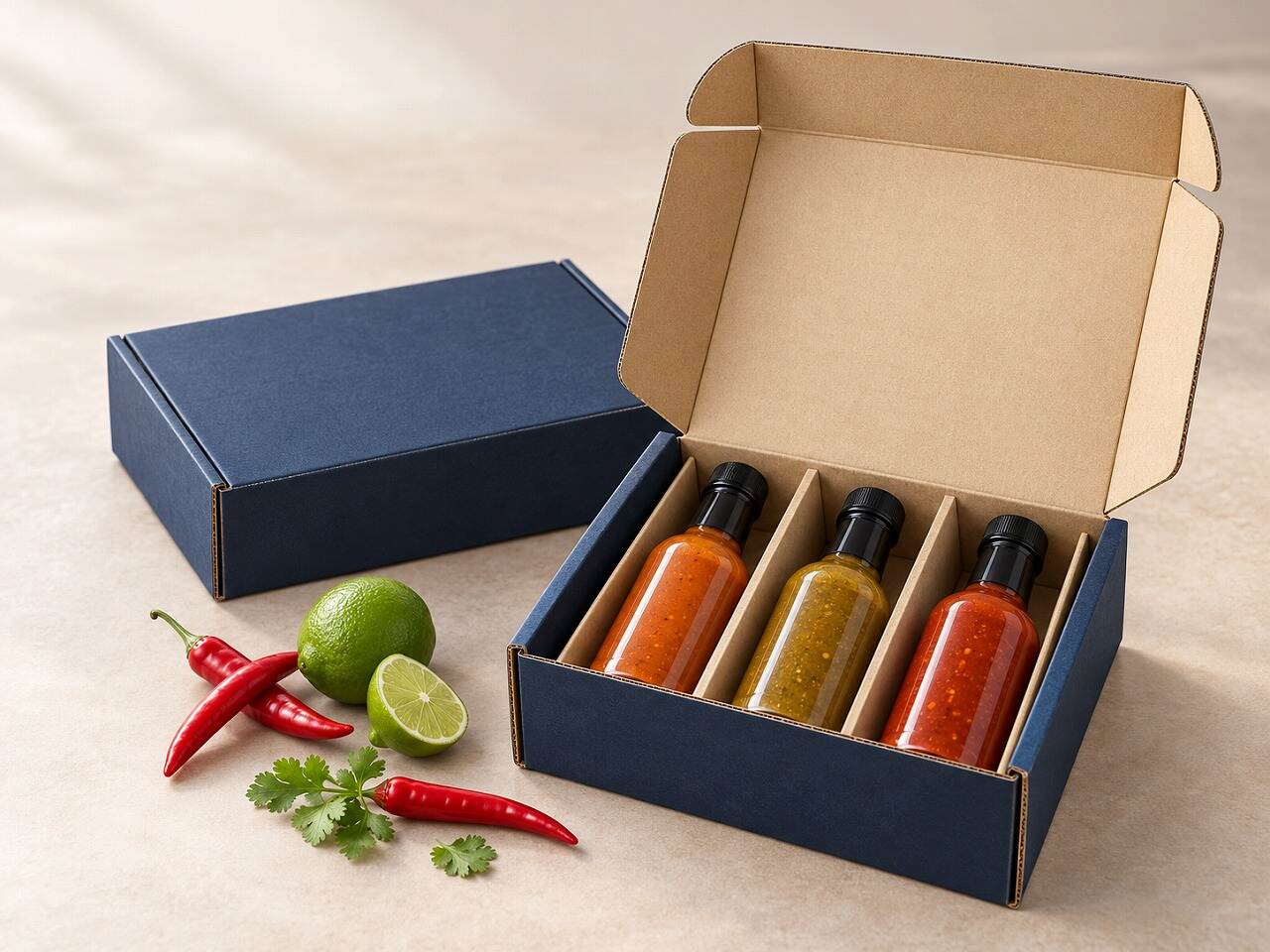 Open three-bottle custom hot sauce corrugated packaging box with kraft dividers