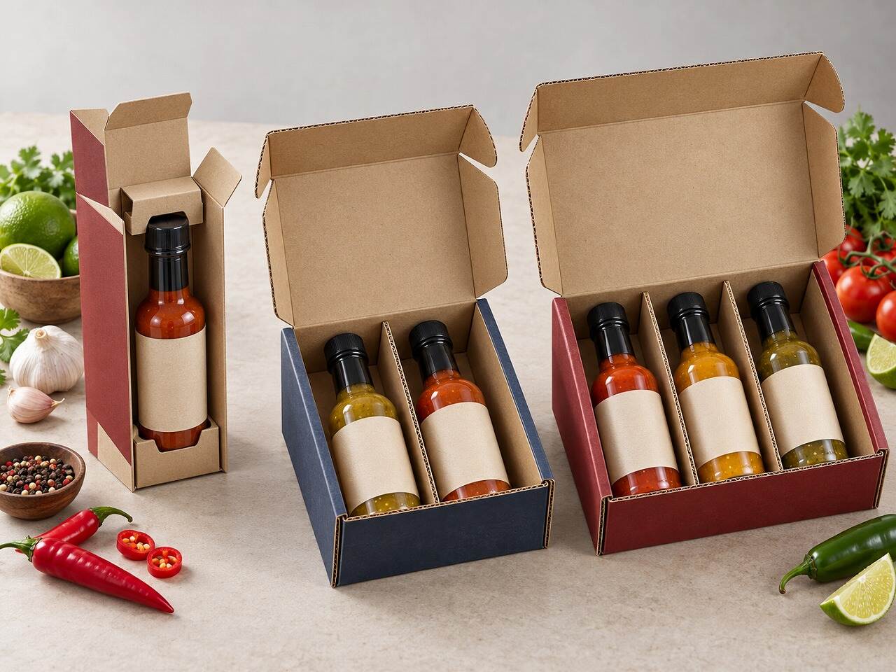 Single, two-bottle and three-bottle paper and corrugated hot sauce packaging formats