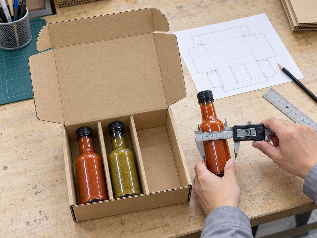Caliper measurement of a hot sauce bottle beside a three-cell corrugated prototype