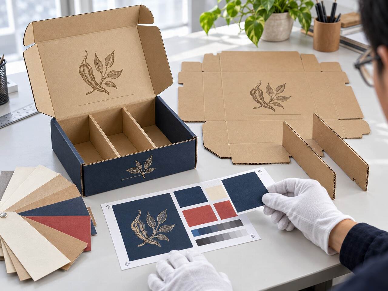 Corrugated hot sauce box, divider samples and print color approval materials
