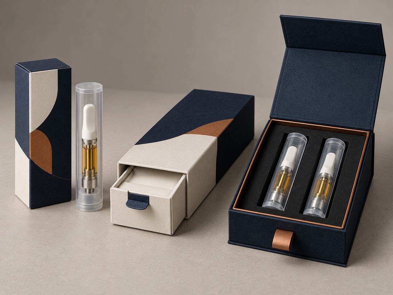 Realistic folding carton, drawer pack and rigid box formats for sealed 510 vape cartridge tubes