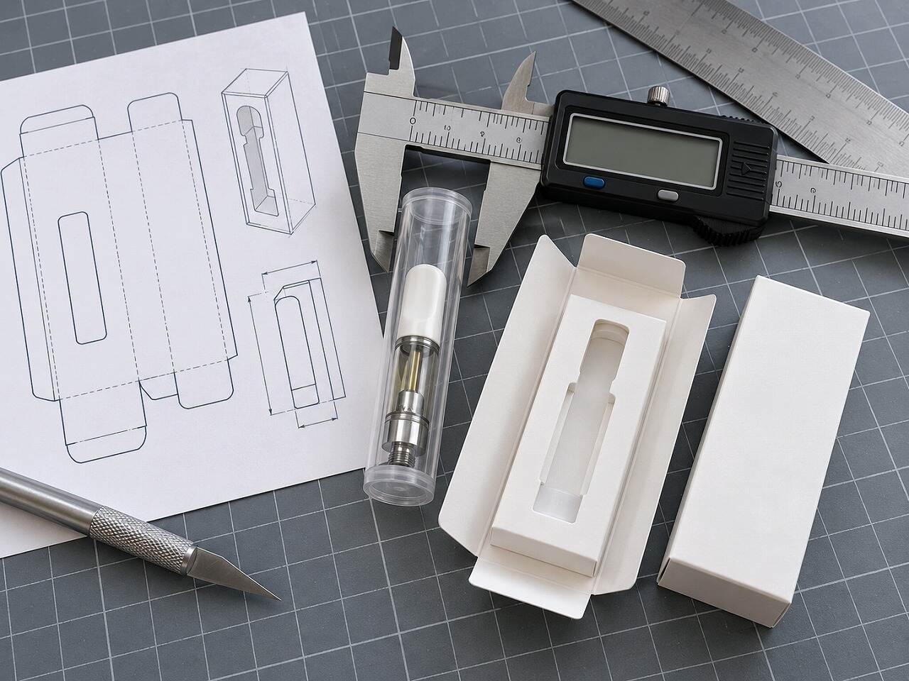 Caliper, dieline and paperboard fit prototype used to measure a sealed 510 cartridge tube