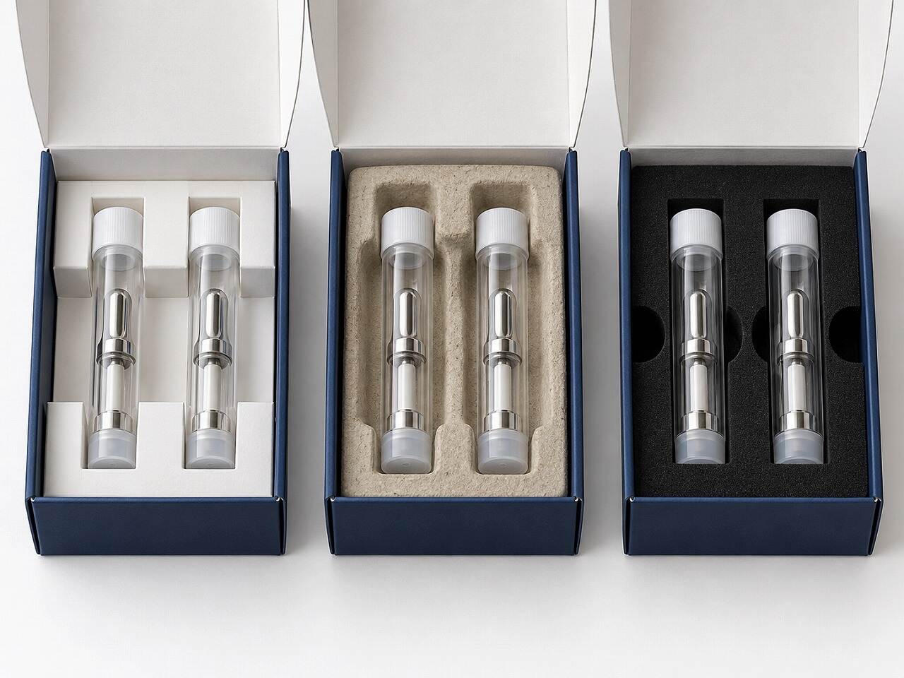 Paperboard, molded fiber and EVA insert samples for sealed vape cartridge tubes