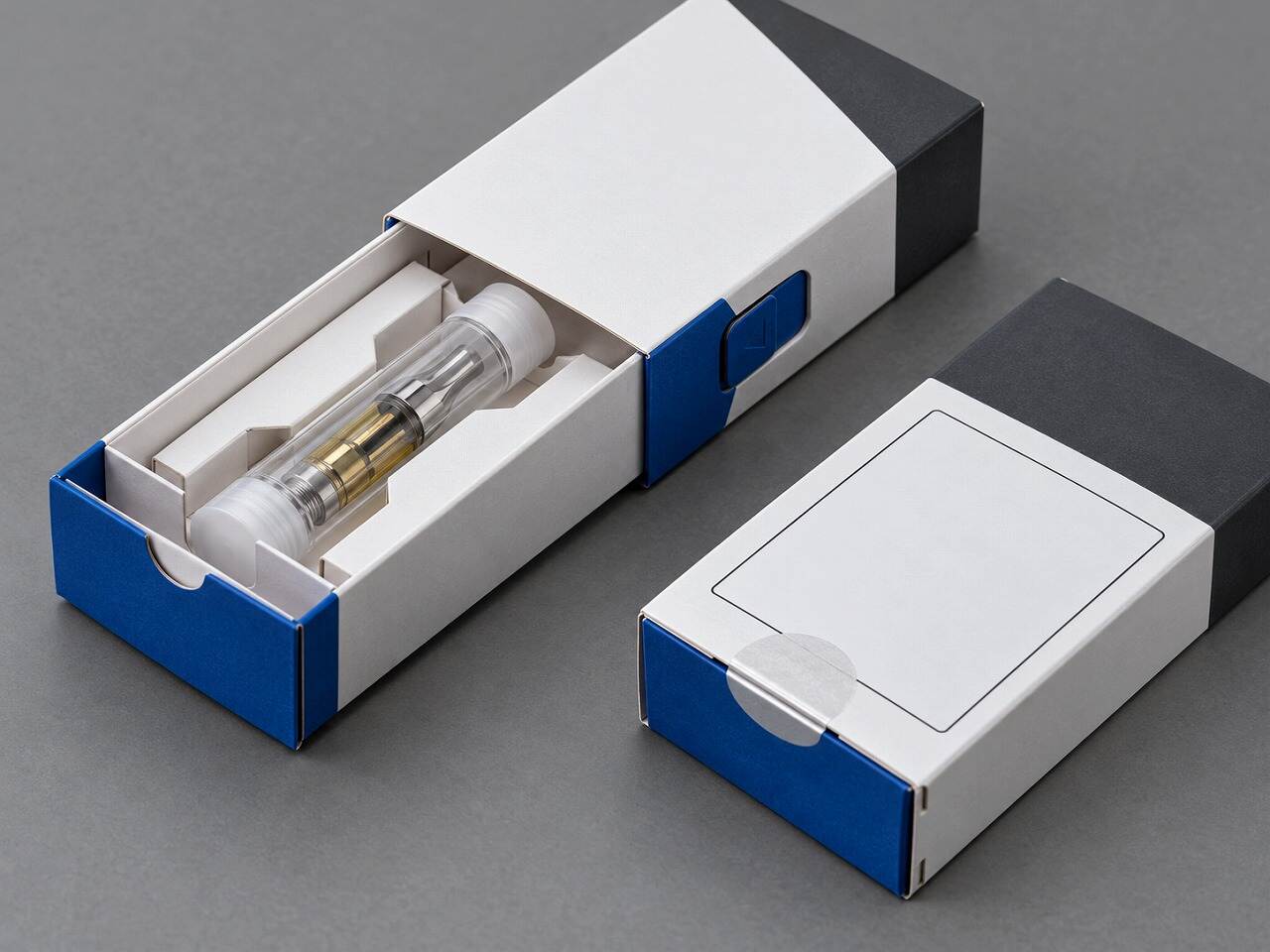 Press-and-slide paper package engineering sample with cartridge tube insert and tamper seal zone