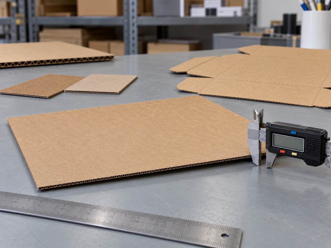 Digital caliper checking the actual caliper of a fine-flute corrugated board sample