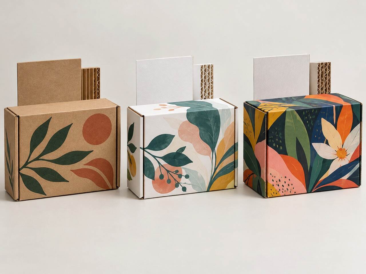 Kraft direct-print, white digital-print and litho-laminated corrugated box samples