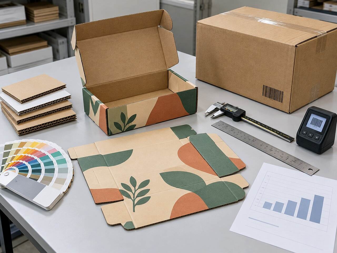 Corrugated box sample approval with dieline, board swatches, caliper, color fan and barcode check